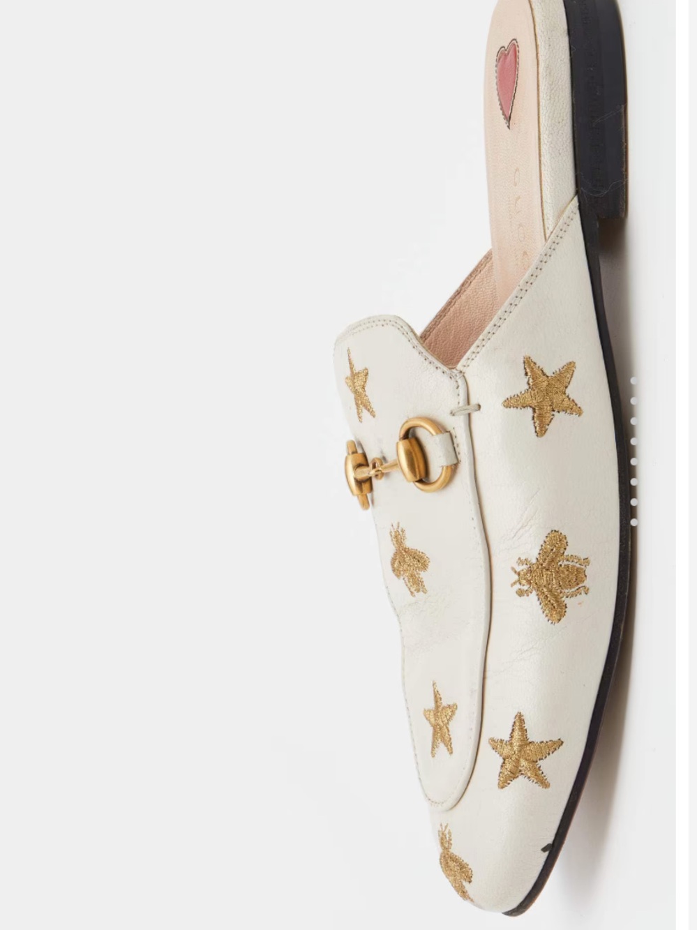 Gucci White Princetown Horsebit Mules with Gold Star & Bee Embroidery